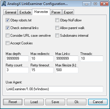 Harvester configuration dialog